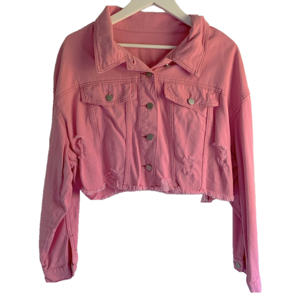 🩷 Pink Cropped Denim Distressed Jacket 🩷